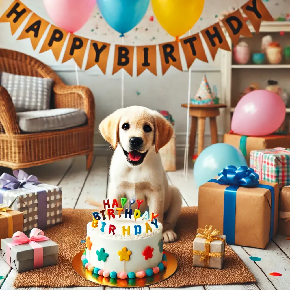 Pesta ulang tahun anak anjing dalam ruangan yang nyaman
